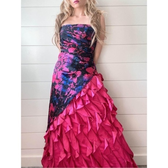 Y2K Strapless Floral Asymmetrical Hot Pink Multi Full Ruffles Maxi Dress - Picture 1 of 11